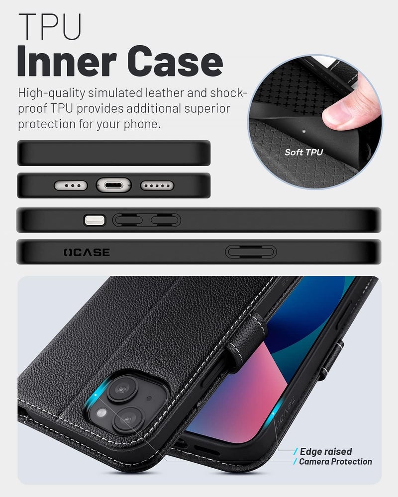 OCASE Compatible with iPhone 13 Wallet Case, PU Leather Flip Folio Case with Card Holders RFID Blocking Kickstand [Shockproof TPU Inner Shell] Phone Cover 6.1 Inch 2021 (Litchi Black) - Image 5